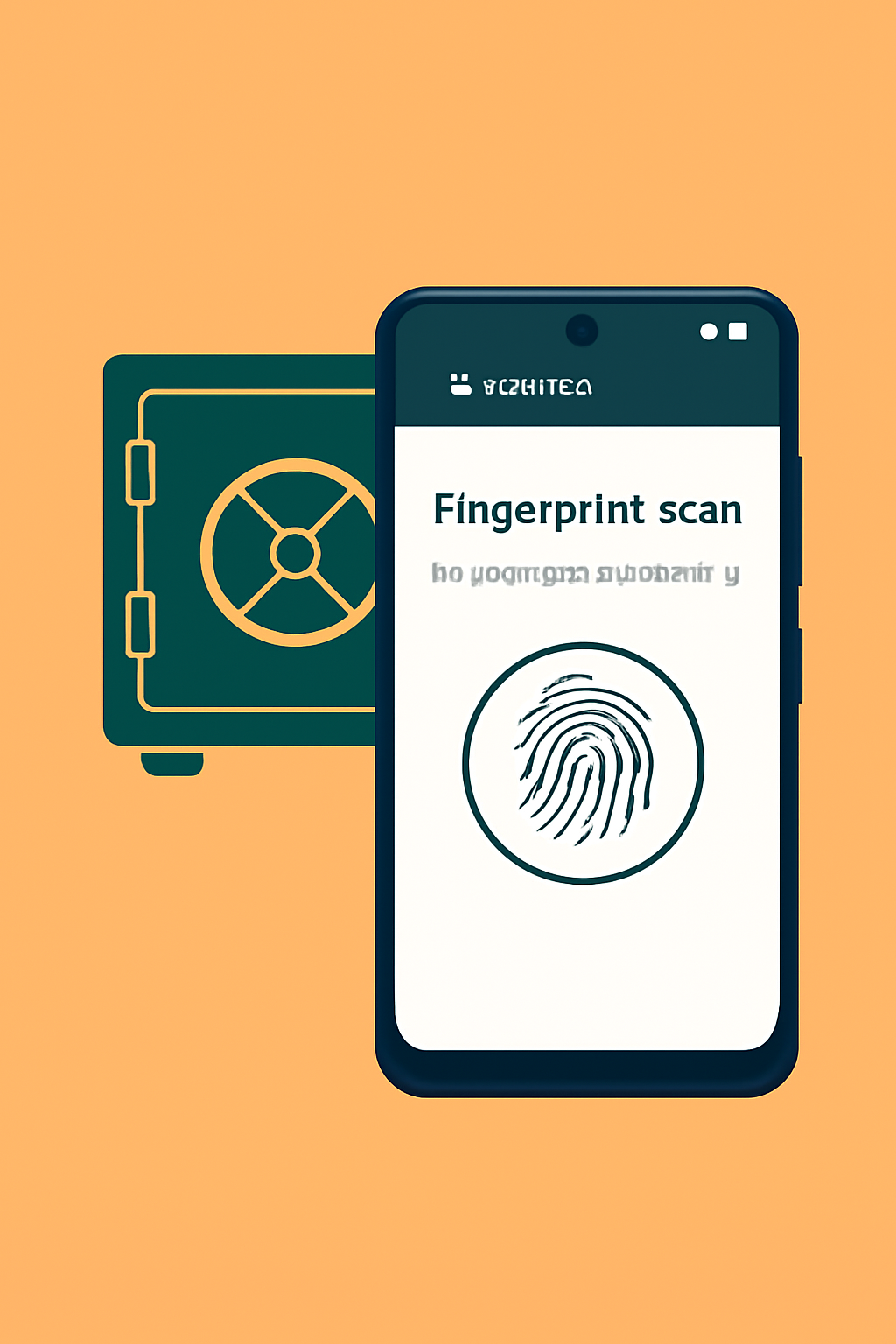 A fingerprint scan prompt on a Solana Saga phone, with a digital vault graphic in the background, emphasizing security.