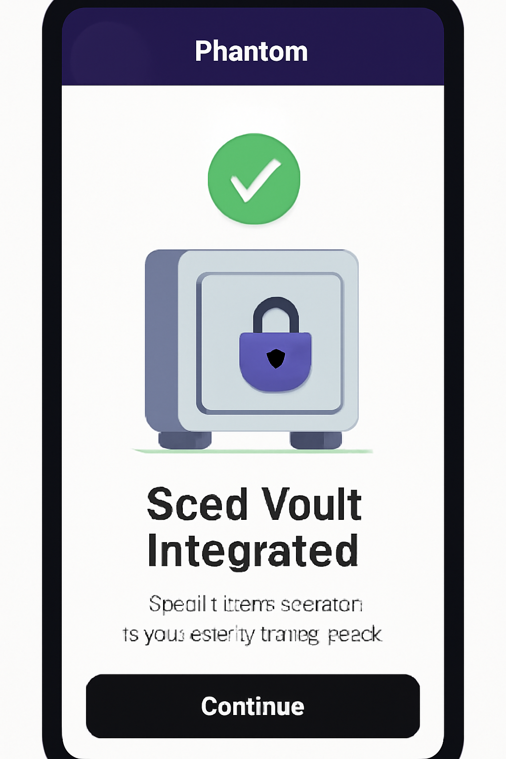 A confirmation screen on the Phantom Wallet app showing successful Seed Vault integration, with a checkmark and secure vault imagery.