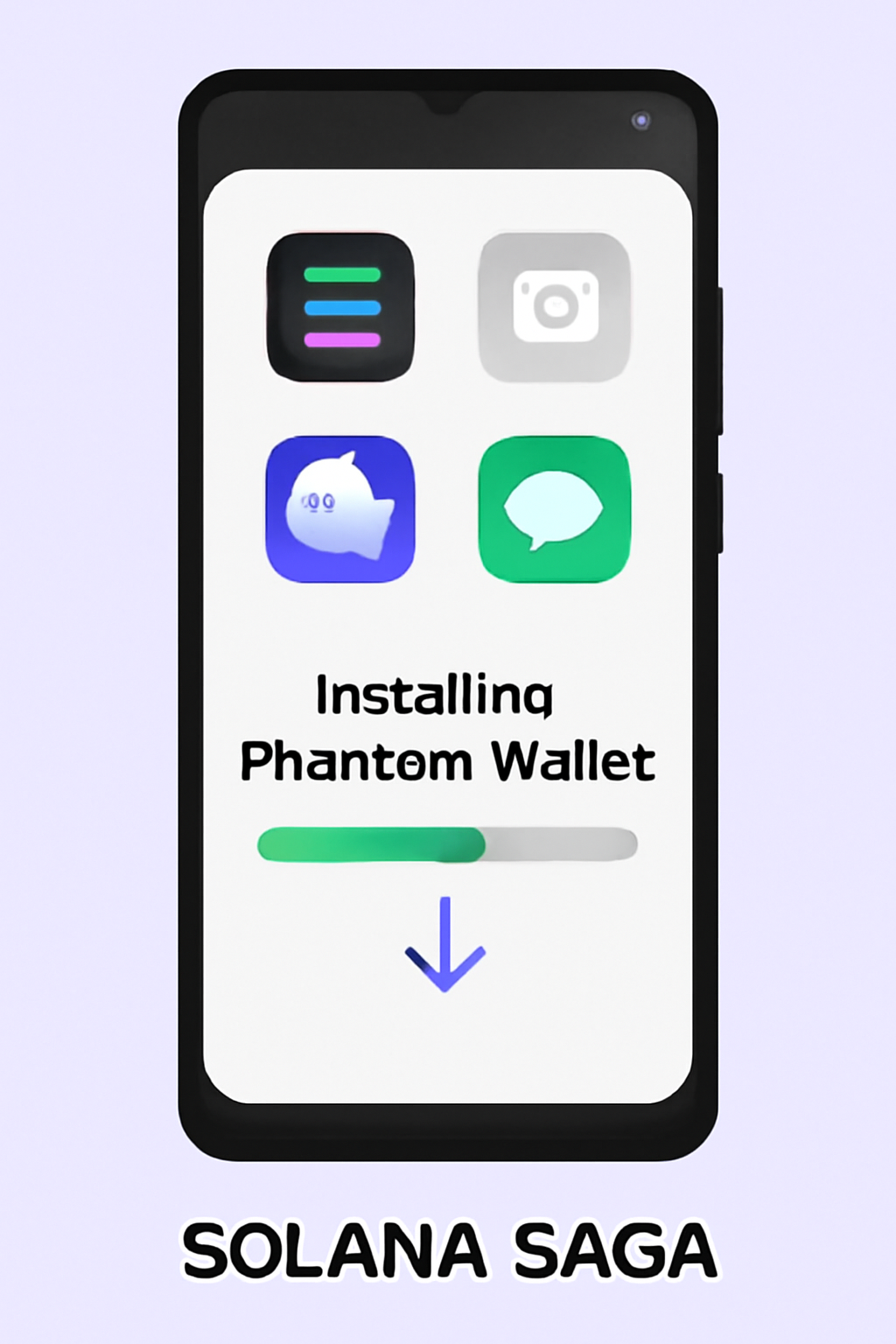 A progress bar indicating the installation of Phantom Wallet on a Solana Saga phone, with app icons and download animation, digital art.