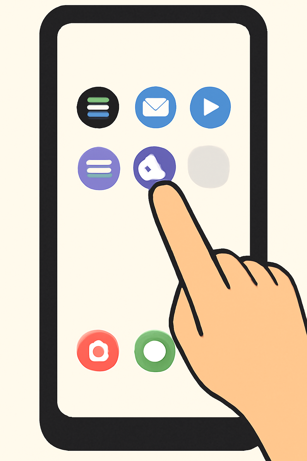A hand tapping the Phantom Wallet icon on a Solana Saga phone's home screen, with a focus on the app logo, in a minimalist style.