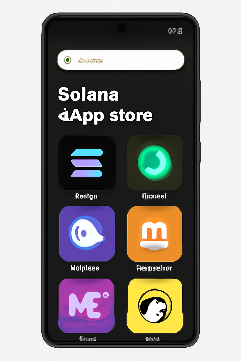 A sleek Solana Saga smartphone displaying the Solana dApp Store interface, highlighting the search bar and app icons, in a modern tech style.