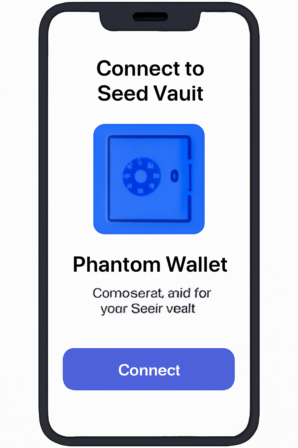 A smartphone screen displaying the 'Connect to Seed Vault' option in the Phantom Wallet setup, with a secure vault icon, in a high-tech style.