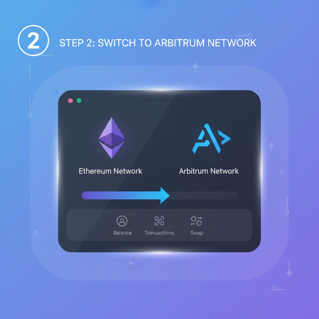 sleek wallet interface switching to Arbitrum network, Ethereum and Arbitrum logos glowing, futuristic UI