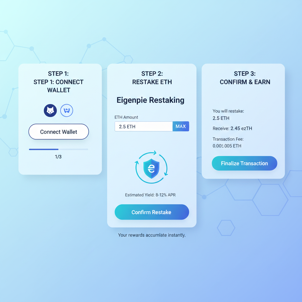 modern DeFi dashboard on Eigenpie, restaking interface with ETH input, clean blue tones