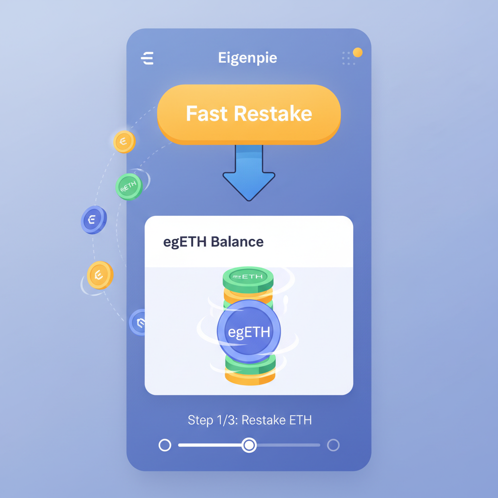 Eigenpie app screen highlighting Fast Restake button, ETH flowing to egETH, animated tokens