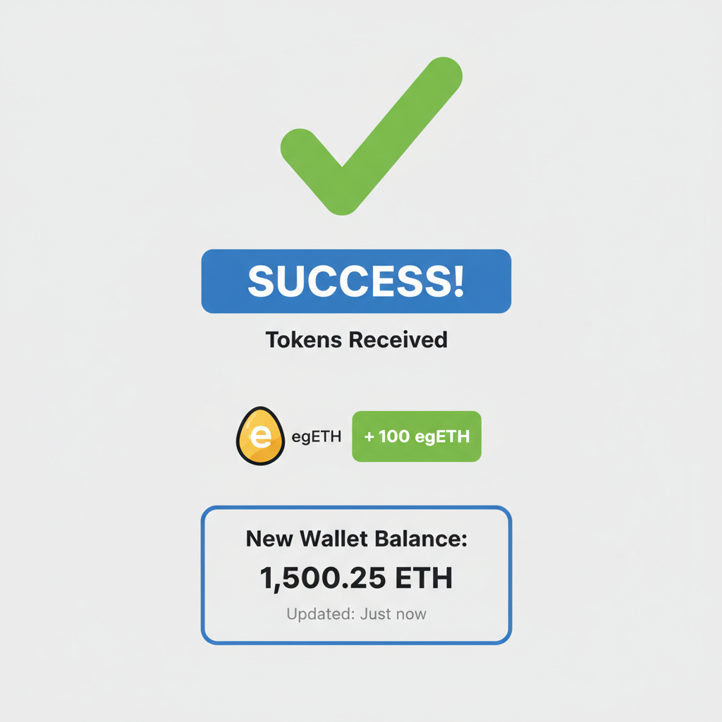 success screen with egETH tokens received, wallet balance update, celebratory green checkmark