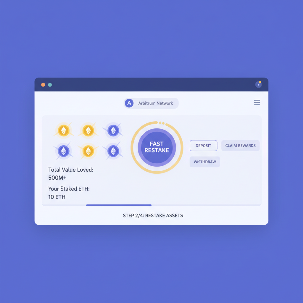Eigenpie dashboard highlighting Fast Restake button on Arbitrum, clean DeFi UI, glowing ETH icons