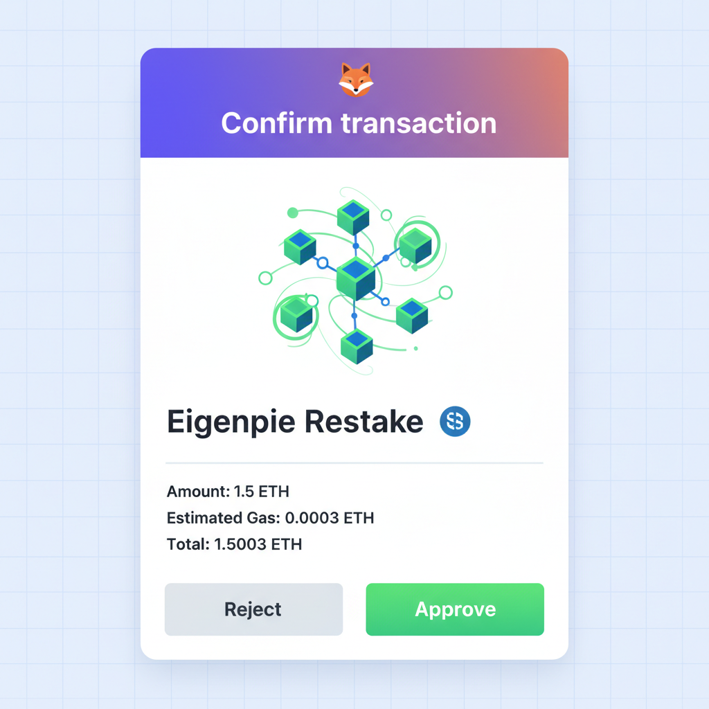 MetaMask confirmation screen for Eigenpie restake transaction, green approve button, blockchain nodes
