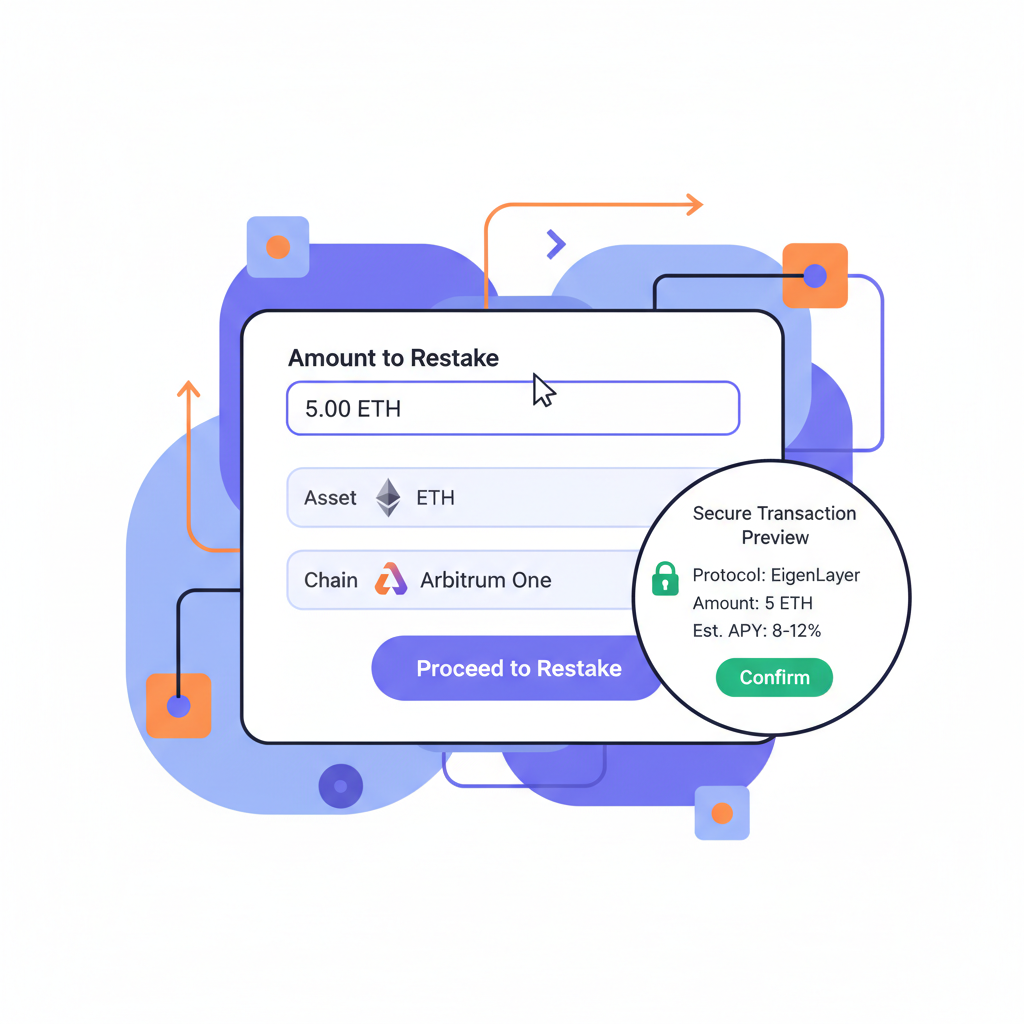 user inputting ETH amount in restaking form, Arbitrum chain background, secure transaction preview