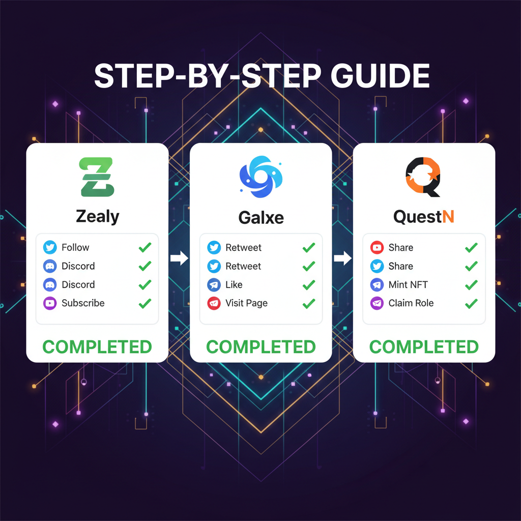 Montage of Zealy Galxe TaskOn QuestN platforms with checkmarks on completed social tasks, Solana blockchain background, vibrant digital art