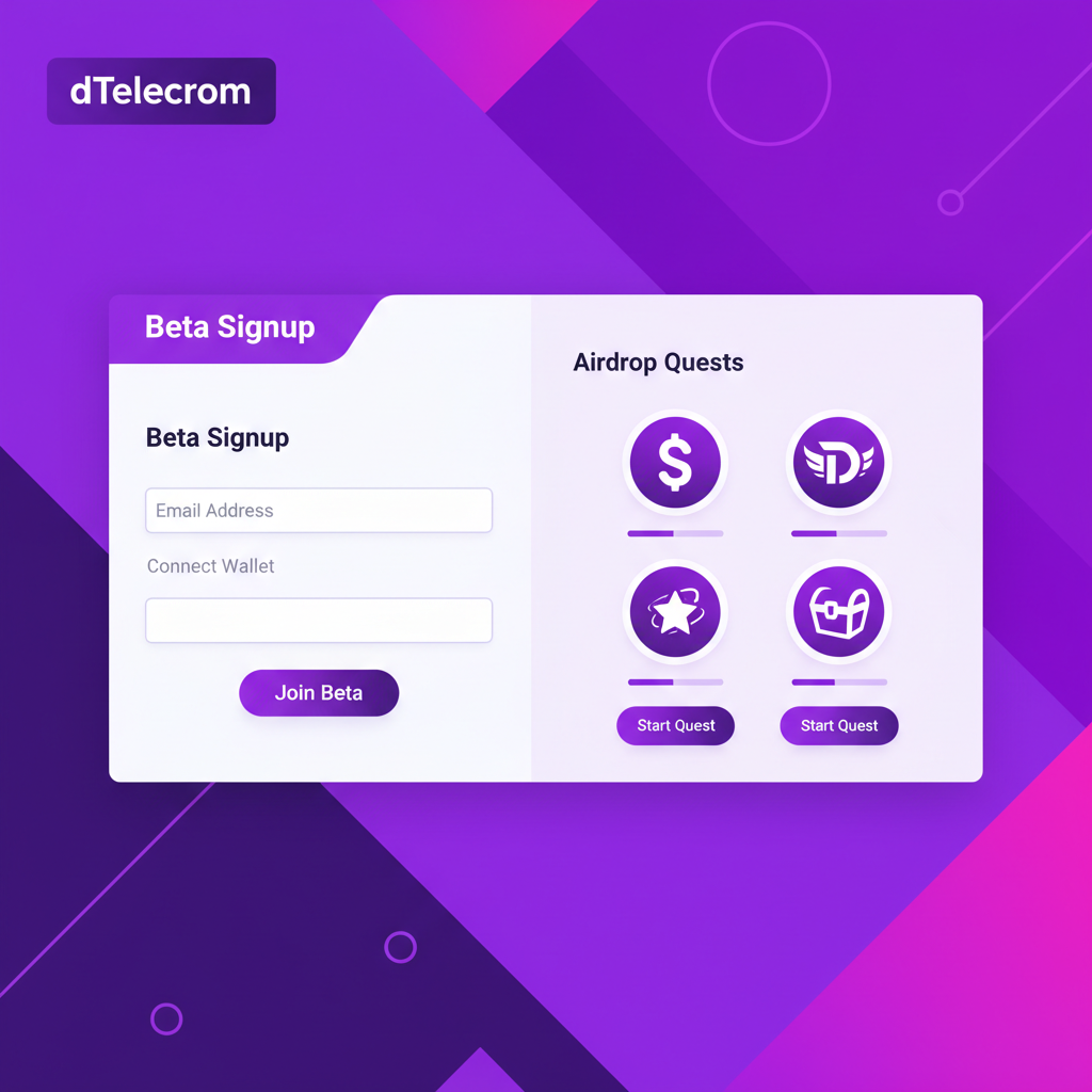 dTelecom dashboard with beta signup form and airdrop quest platforms icons, vibrant Solana purple tones