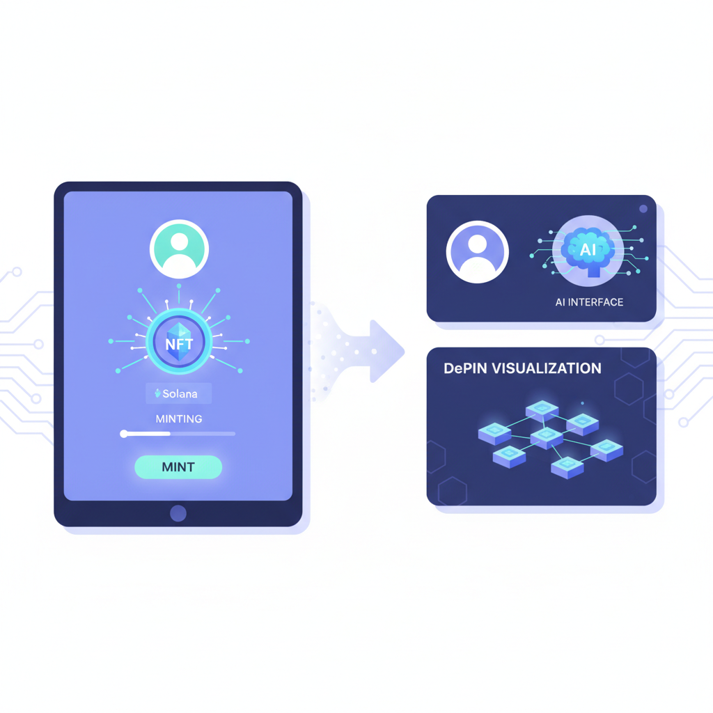 User minting glowing NFT on Solana, transitioning to video call interface with AI elements, high-tech DePIN visualization
