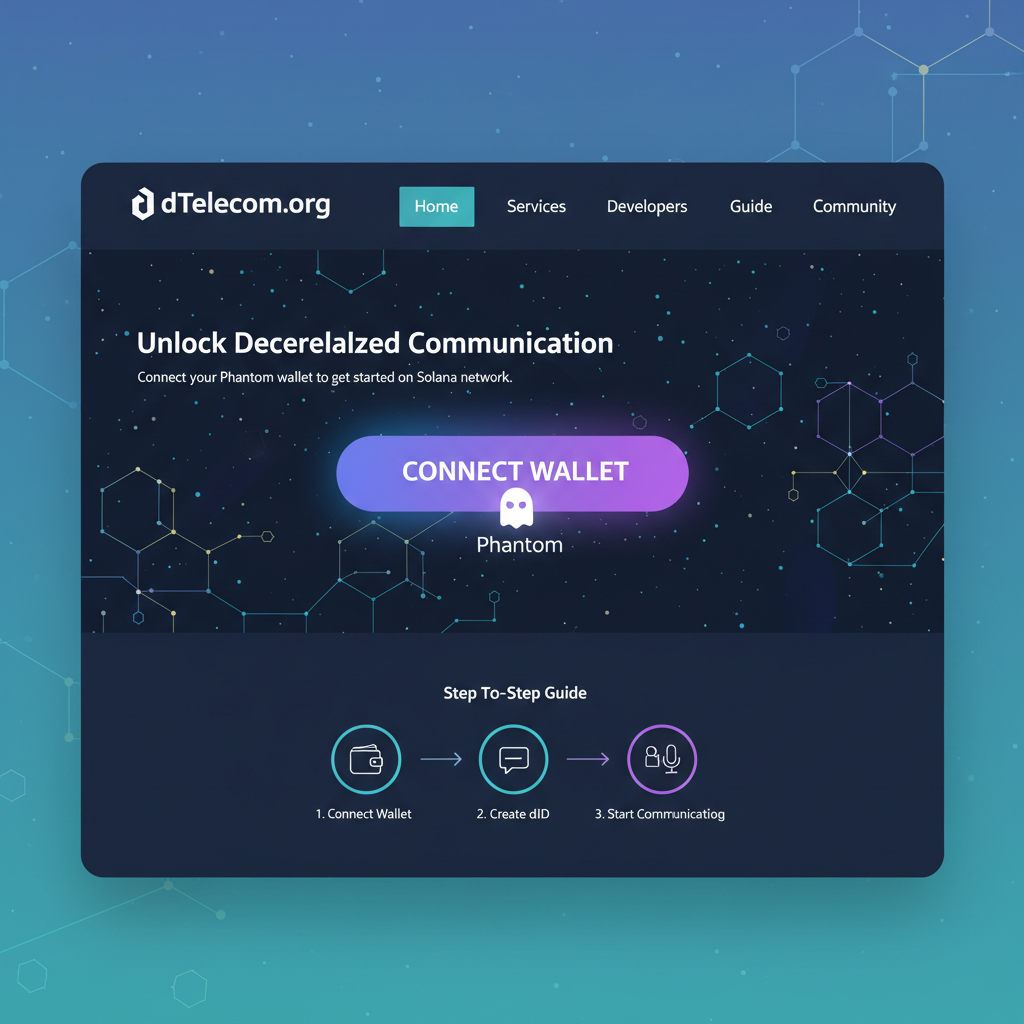 Futuristic dTelecom.org homepage with Phantom wallet connect button glowing, Solana blockchain nodes in background