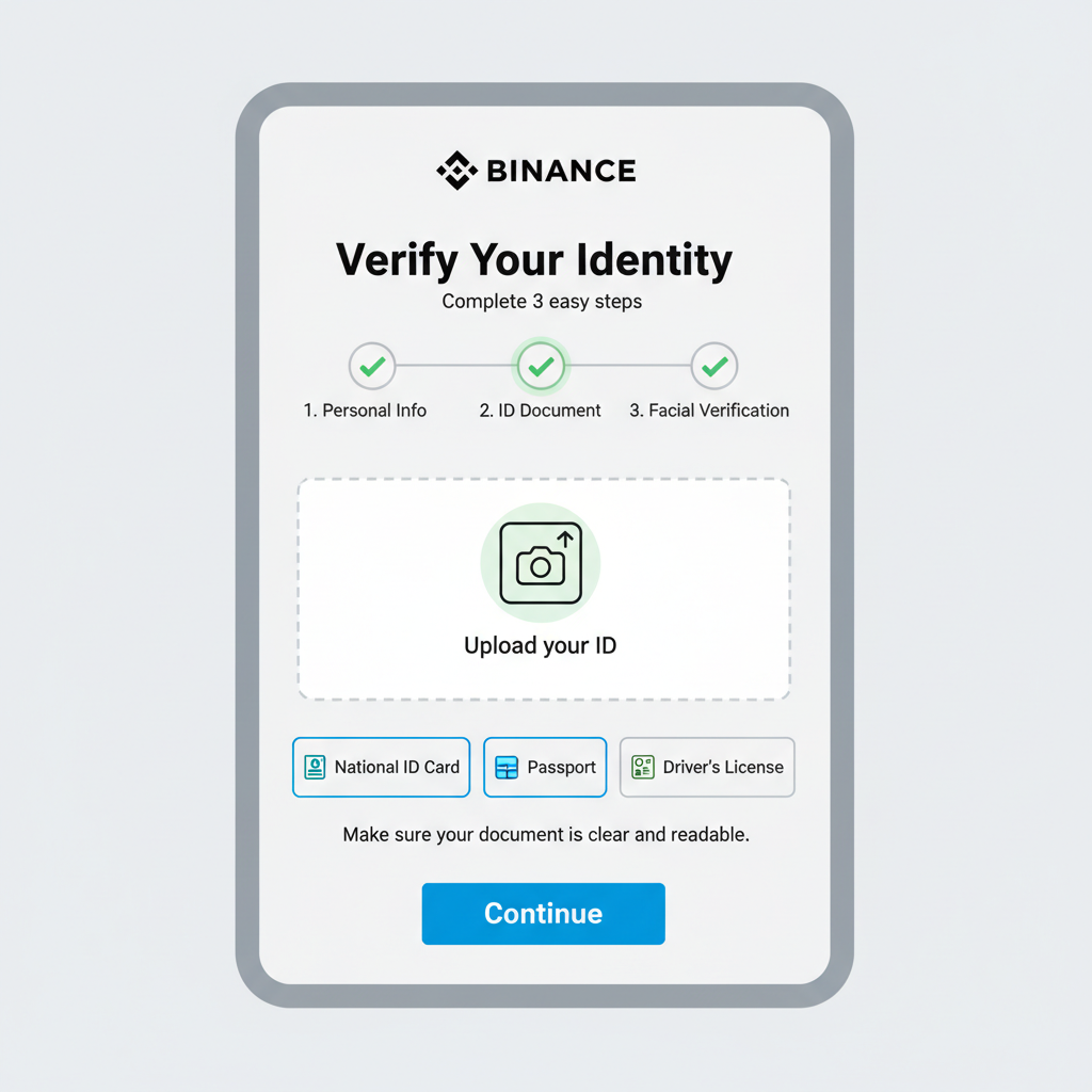 Binance KYC verification screen with ID upload