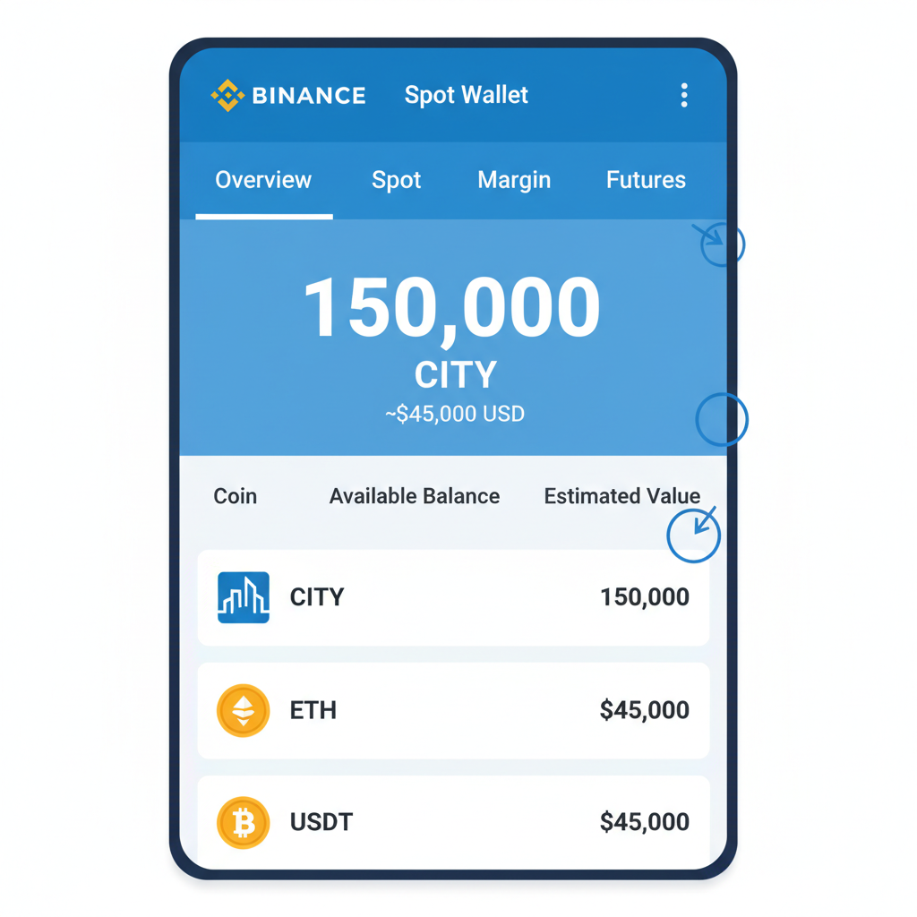 Binance spot wallet showing CITY tokens balance