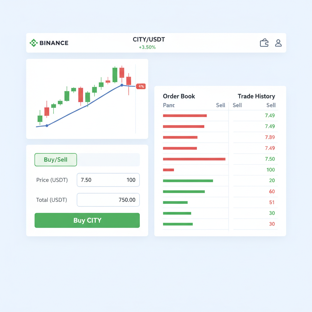 Binance trading interface CITY/USDT pair with buy order