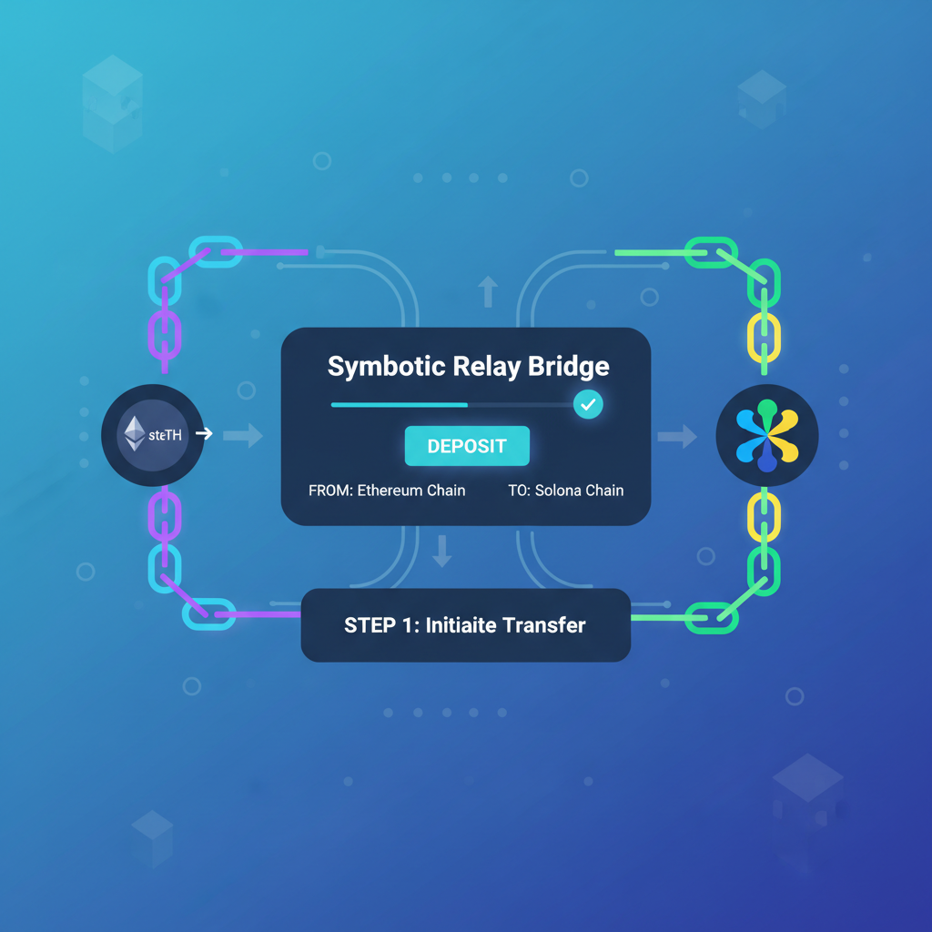 depositing stETH to Symbiotic Relay bridge, Ethereum-Solana chain links glowing, DeFi dashboard