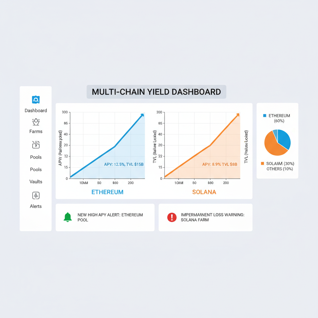 multi-chain yield dashboard charts APY TVL, Ethereum Solana graphs rising, monitoring alerts
