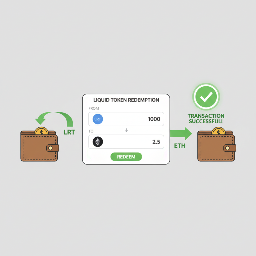 wallet withdrawing LRTs to ETH, liquid token redemption UI, success animation green check