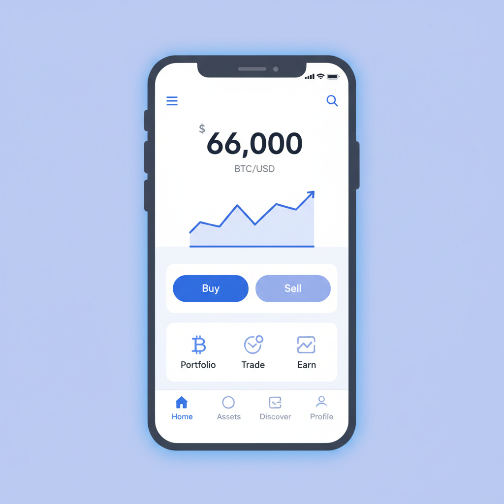 smartphone screen showing regulated crypto exchange app like Coinbase, bitcoin price at $66K, clean modern UI, blue tones