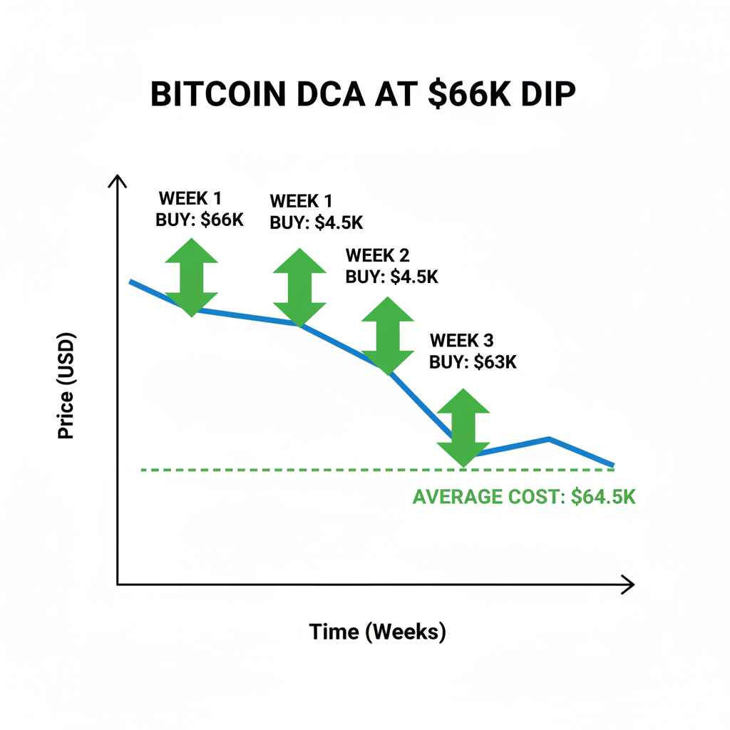 dollar cost averaging chart for Bitcoin at $66K dip, green buy arrows on price graph from $66K to $63K, simple line chart