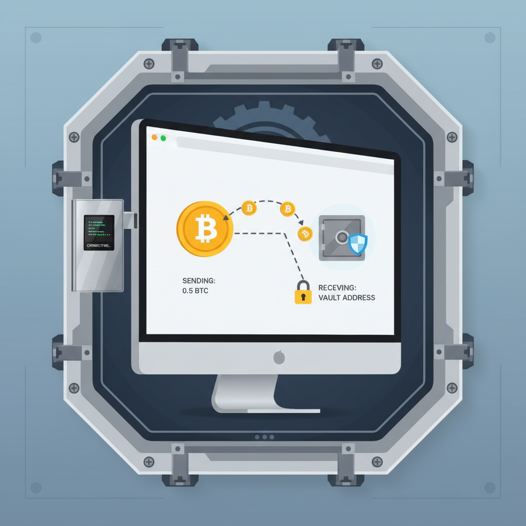 hardware wallet like Ledger connected to computer, Bitcoin logo transferring coins, secure vault aesthetic, metallic device