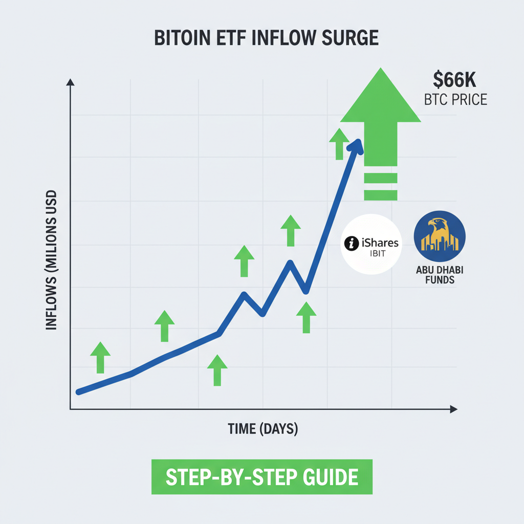 Bitcoin ETF inflow chart spiking with BlackRock IBIT, Abu Dhabi funds icons, green upward arrows at $66K price level