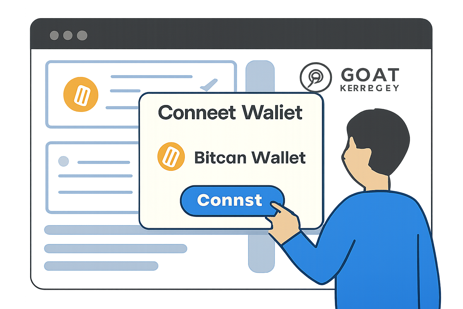 A user connecting their Bitcoin wallet to a modern web dashboard, with Bitcoin and GOAT Network logos visible, digital interface style