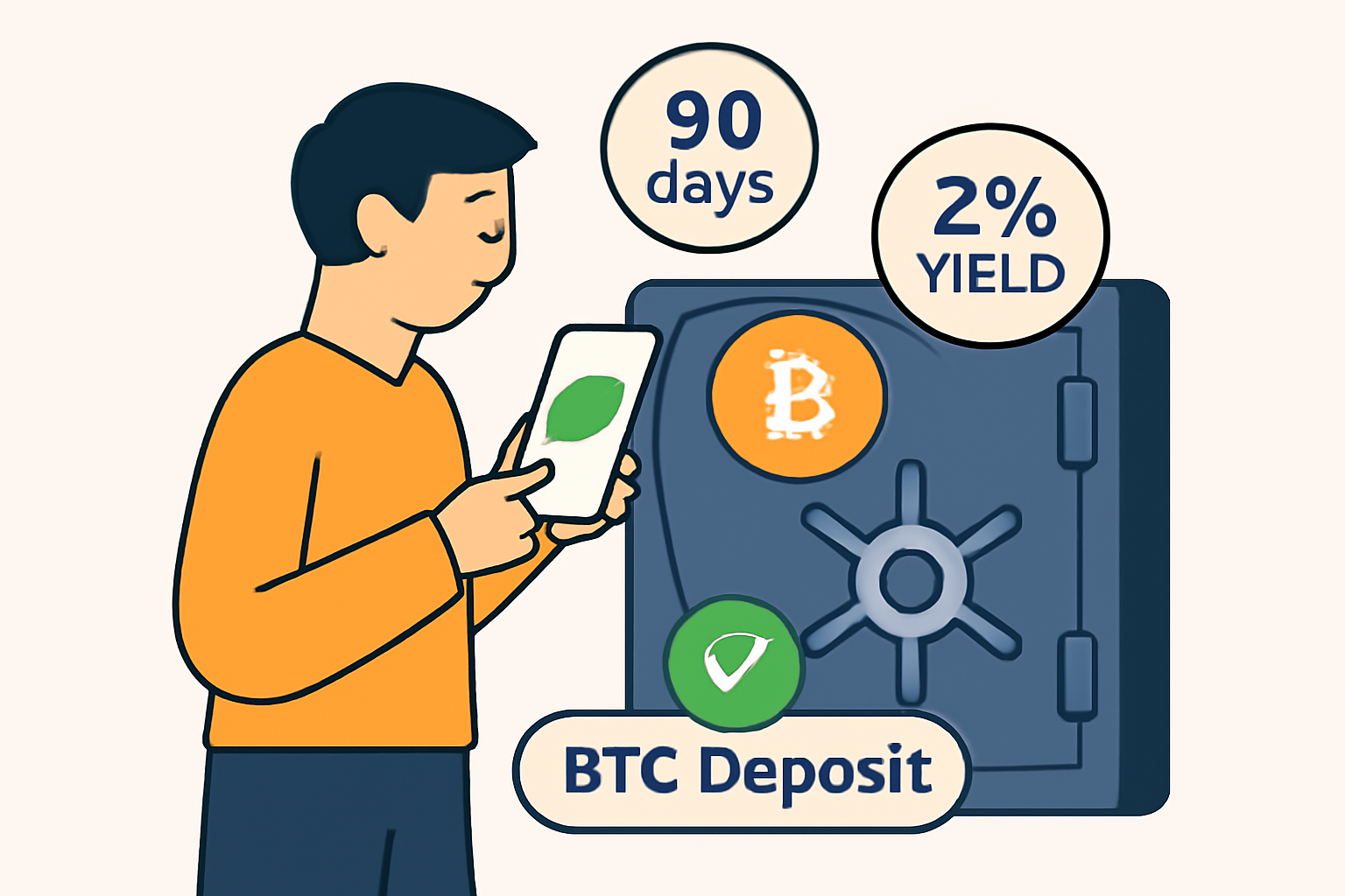 A user confirming a BTC deposit into a secure digital vault, with a 90-day timer and 2% yield badge