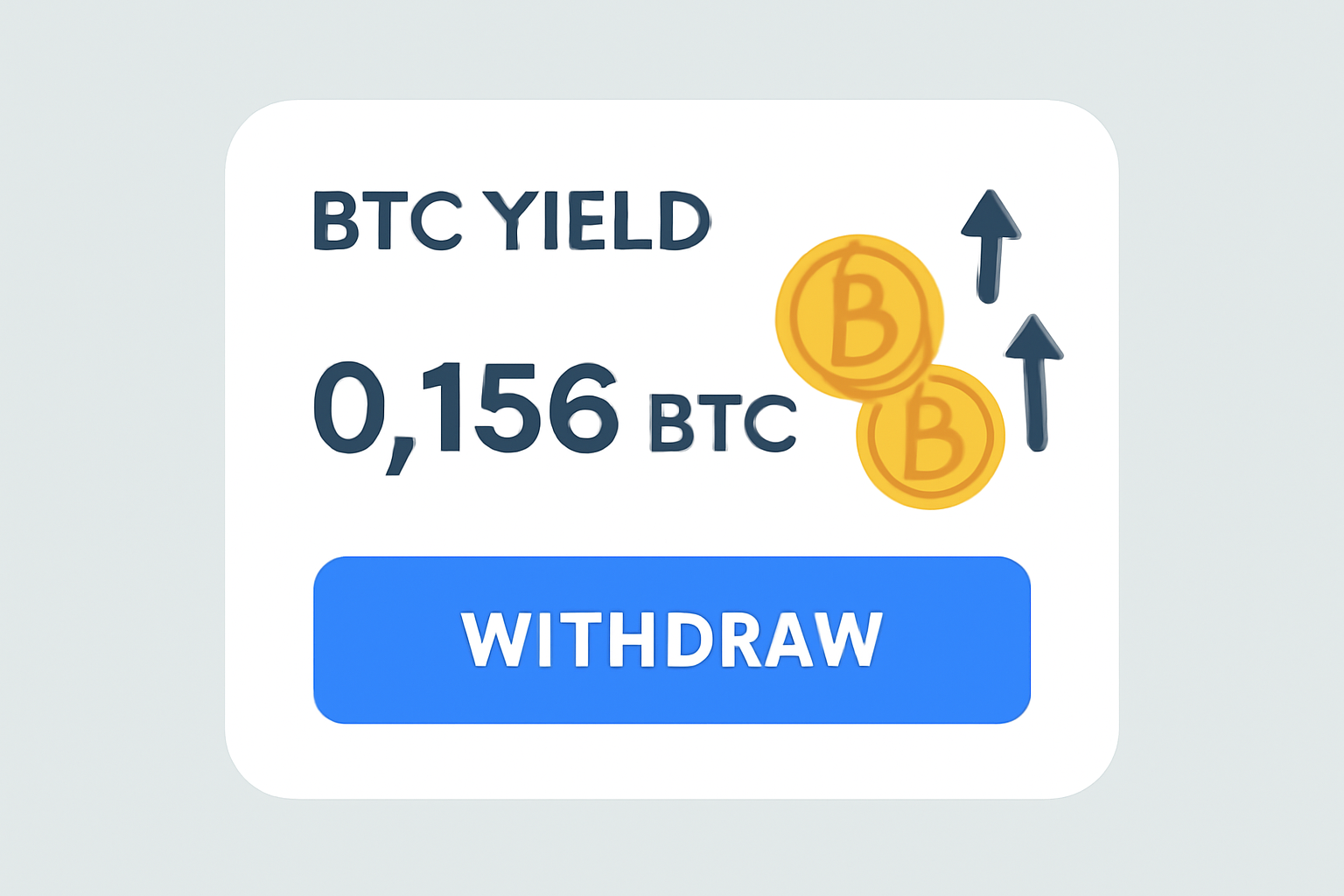 A digital dashboard showing BTC yield accumulating and a withdrawal button becoming active, with Bitcoin coins and upward arrows