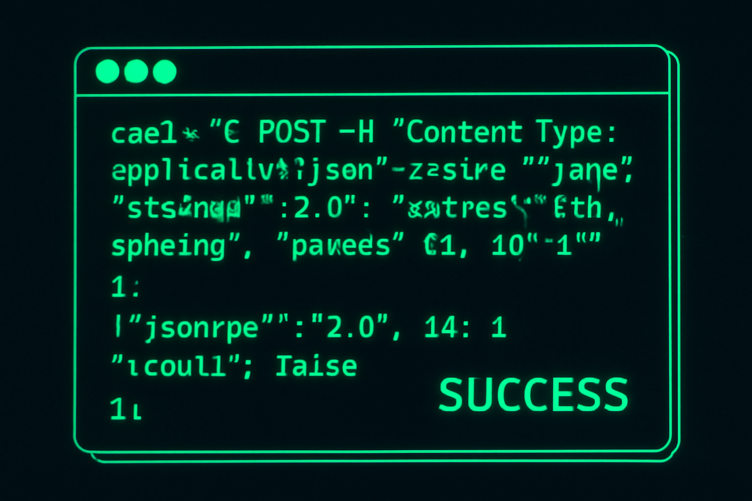 terminal command line querying blockchain RPC status, green success output, cyberpunk style