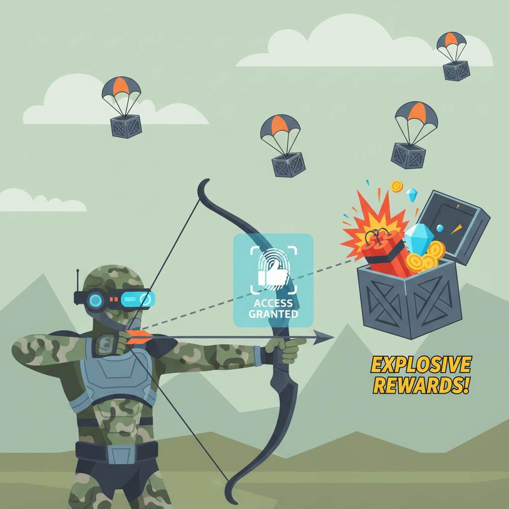 hunter targeting airdrop icons with biometric approval overlay, explosive rewards