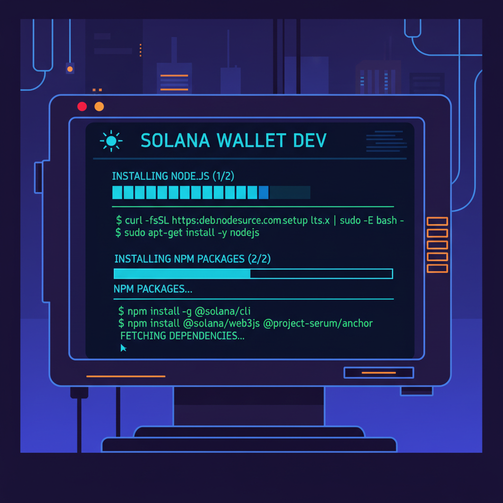 cyberpunk terminal installing Node.js and npm packages for Solana wallet dev