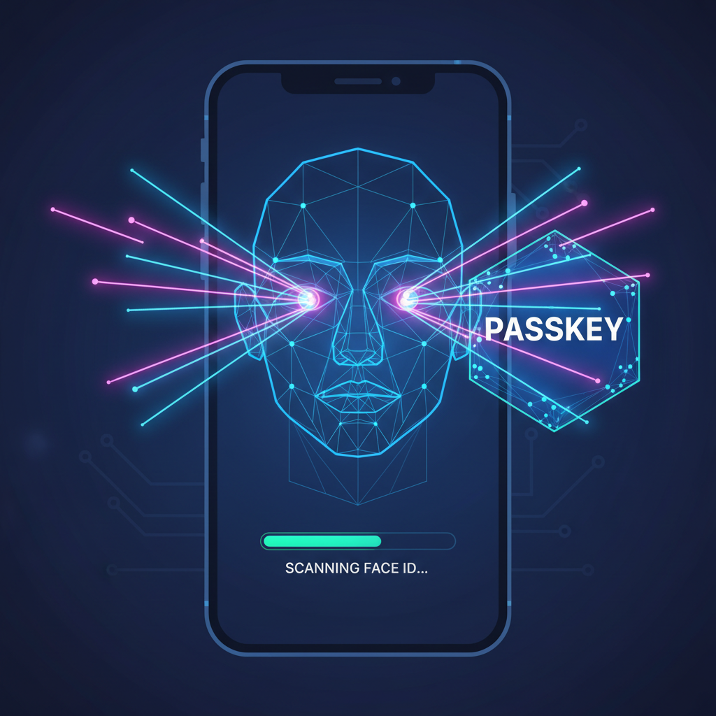smartphone screen biometric face ID scan creating passkey, neon glow