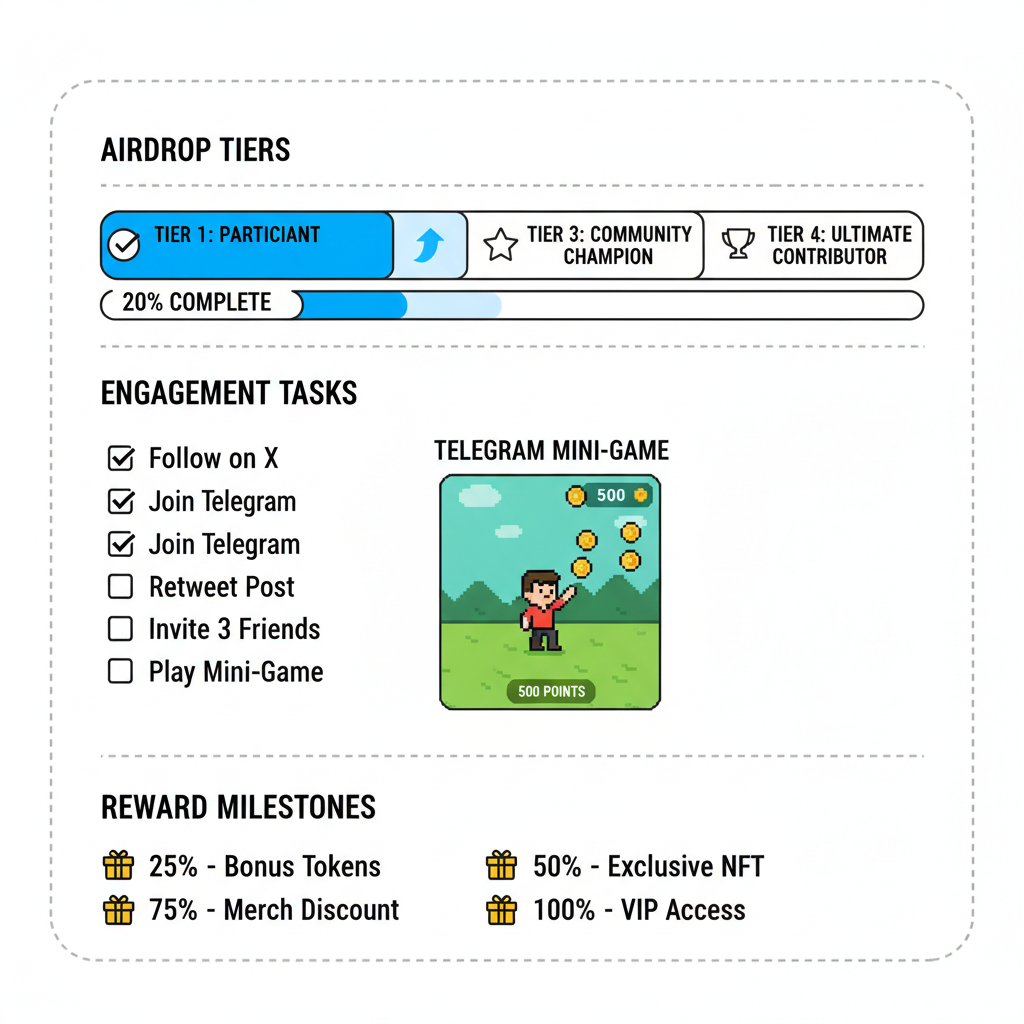 Progress bar for airdrop tiers, engagement tasks checklist, Telegram mini-game screenshot, reward milestones