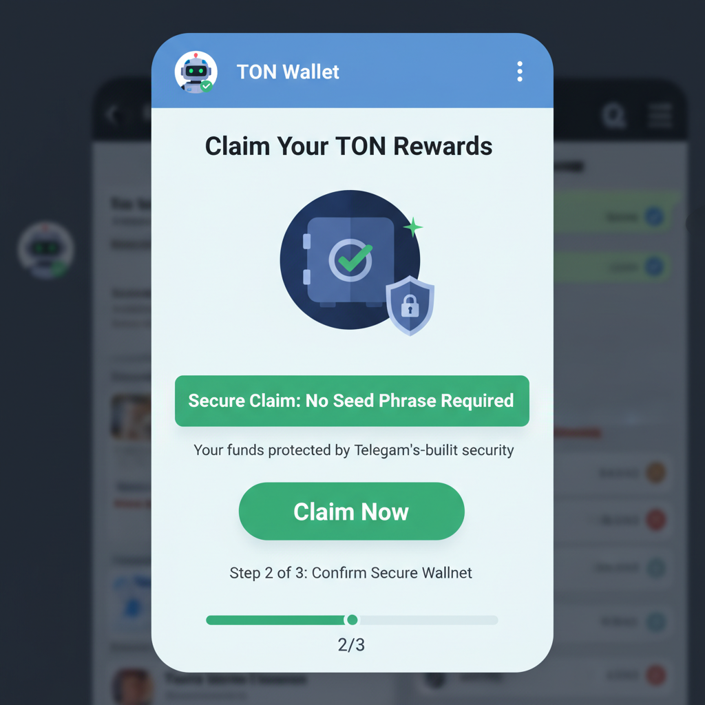 Secure TON reward claim screen in Telegram wallet, no seed phrase warning, locked safe icon, green checkmark