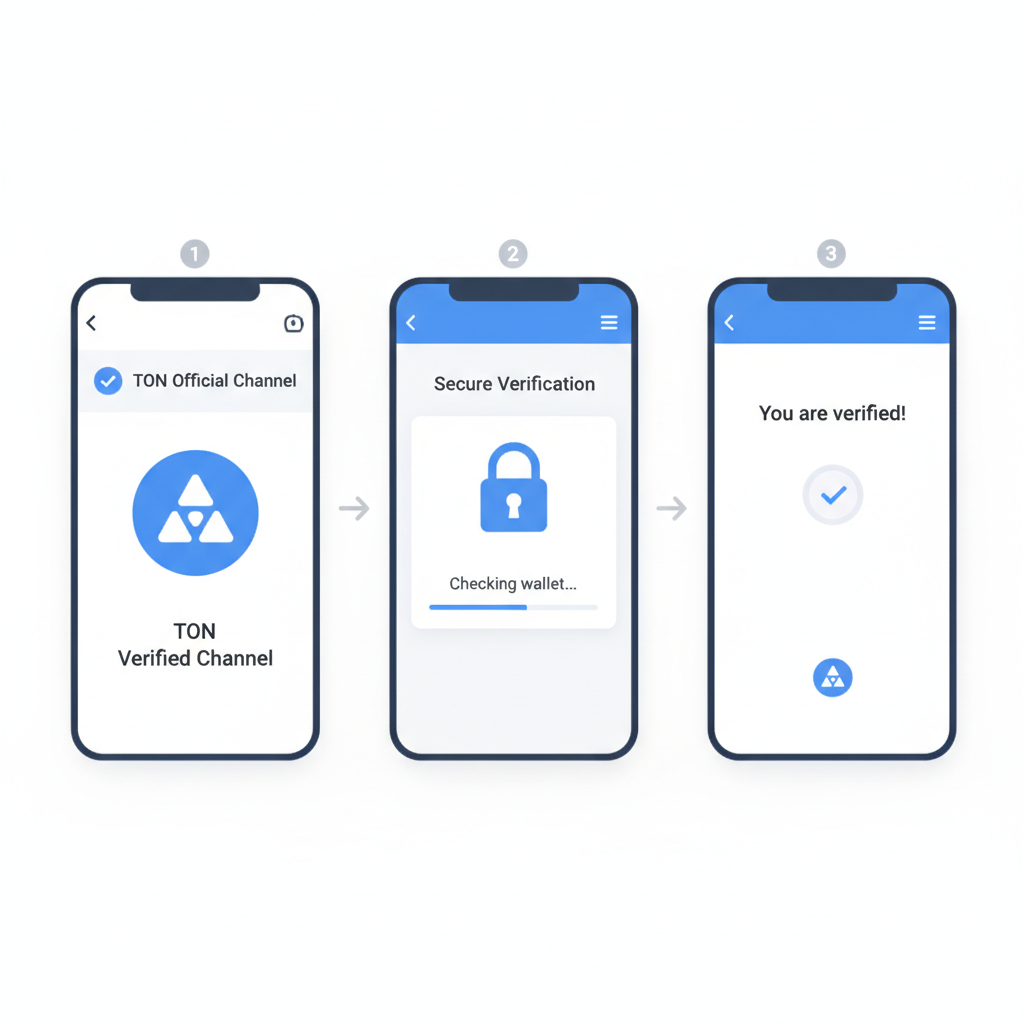 Telegram app screen showing verified channel with blue checkmark, TON logo, secure verification interface