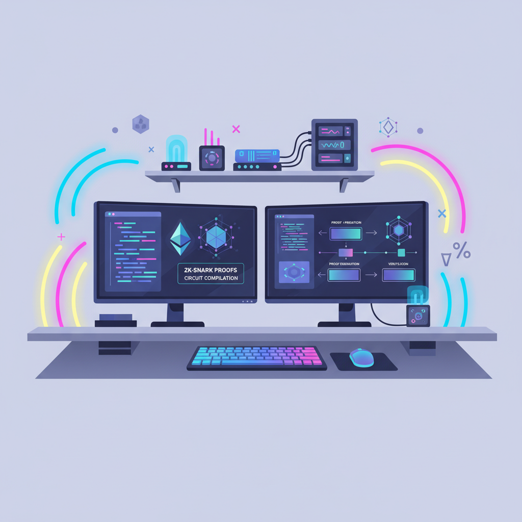 developer workstation with ethereum zk proofs tools, neon lights, high-tech setup