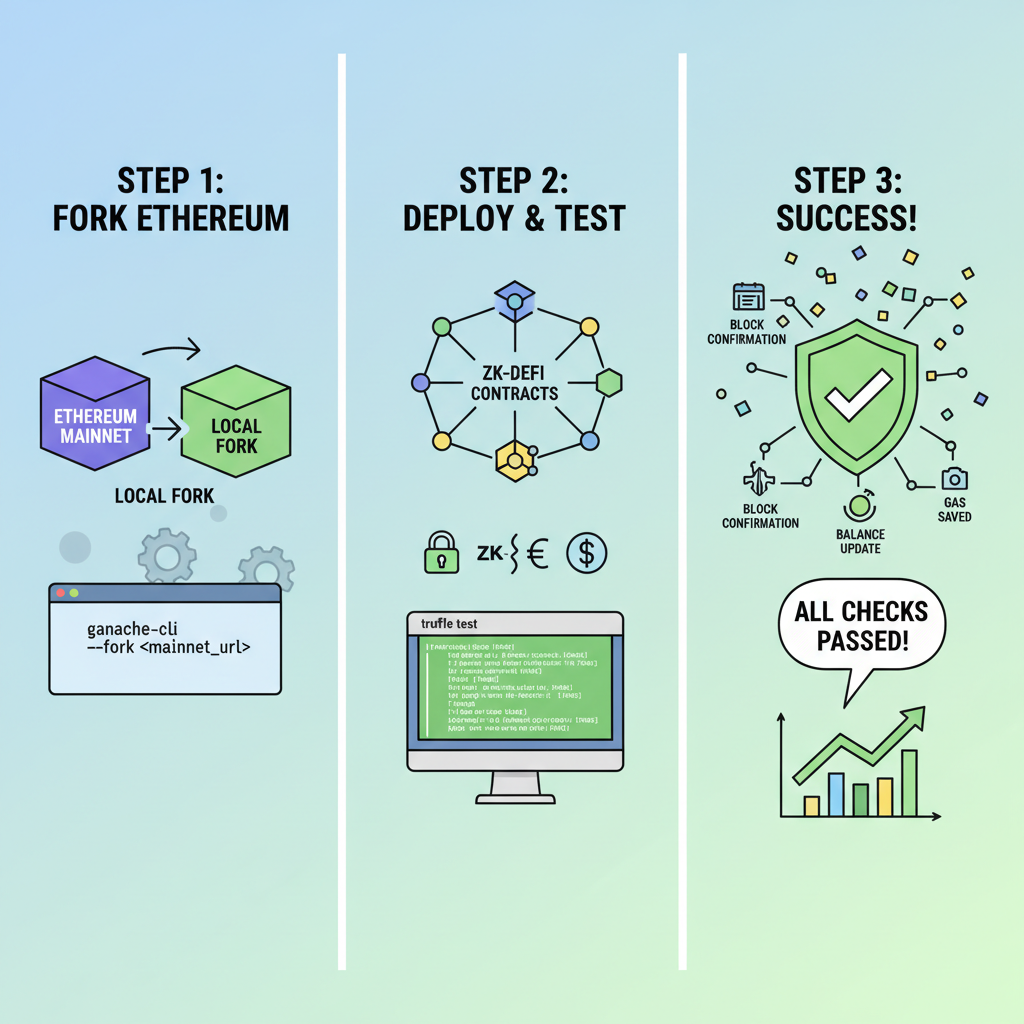 testing zk defi contracts on ethereum fork, debugging screens success checks