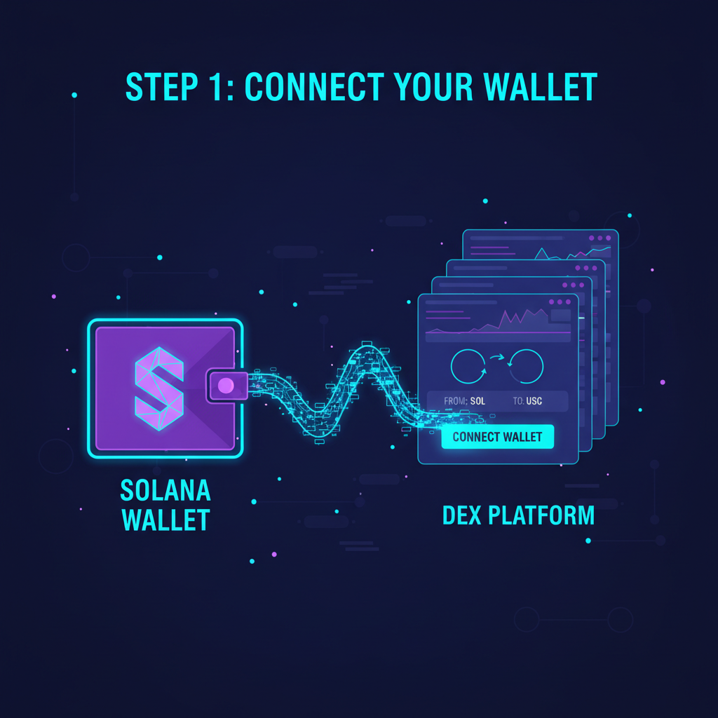 Solana wallet connecting to DEX interface, futuristic UI, neon blues