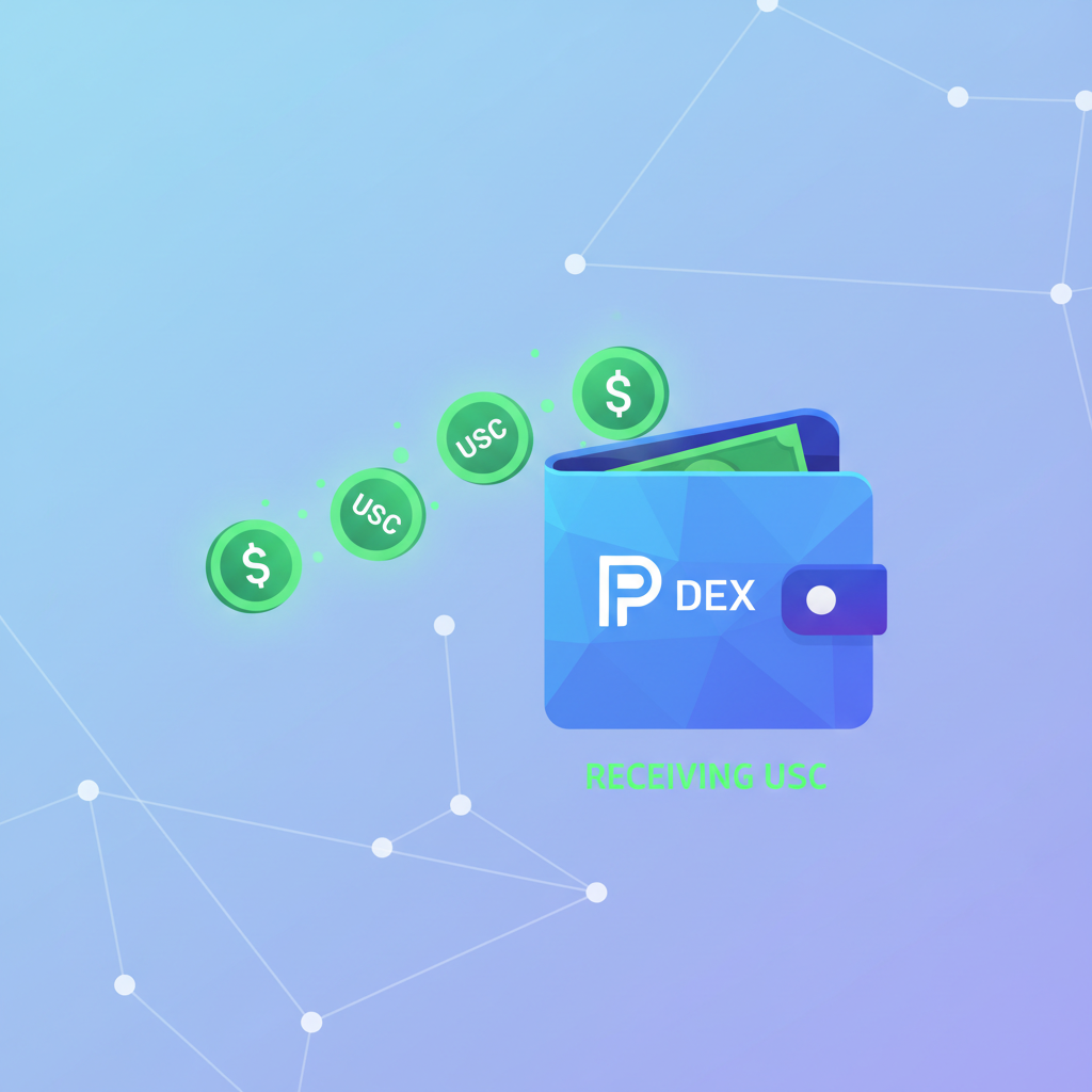 USDC tokens depositing into perp DEX wallet, glowing green coins