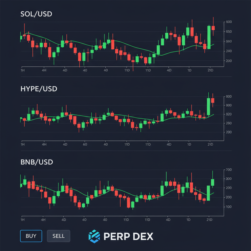 Trading pairs chart SOL HYPE BNB on perp DEX, candlesticks green red