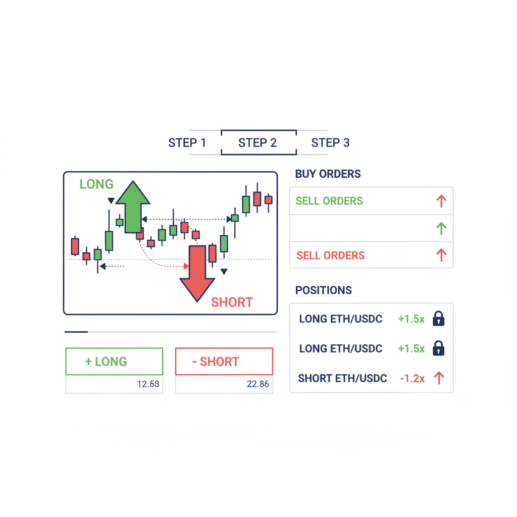 Hedged trading positions on DEX, charts with long short arrows