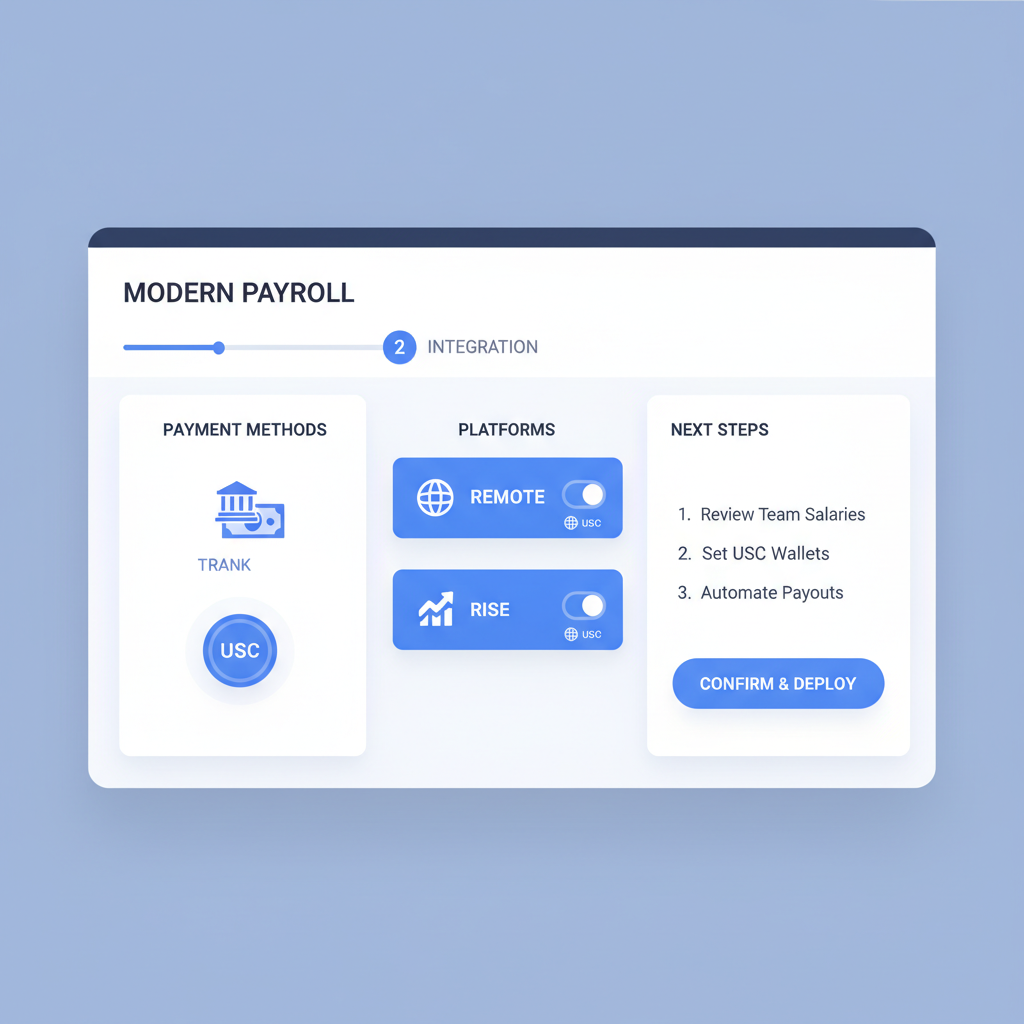 modern payroll dashboard interface showing USDC integration options Remote and Rise platforms, professional blue tones, clean UI