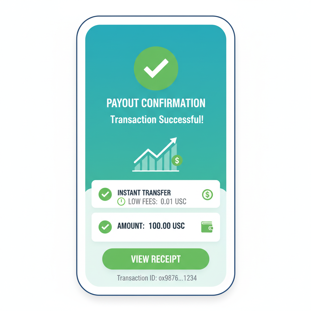 successful USDC test transaction screen showing payout confirmation low fees instant transfer, green success indicators