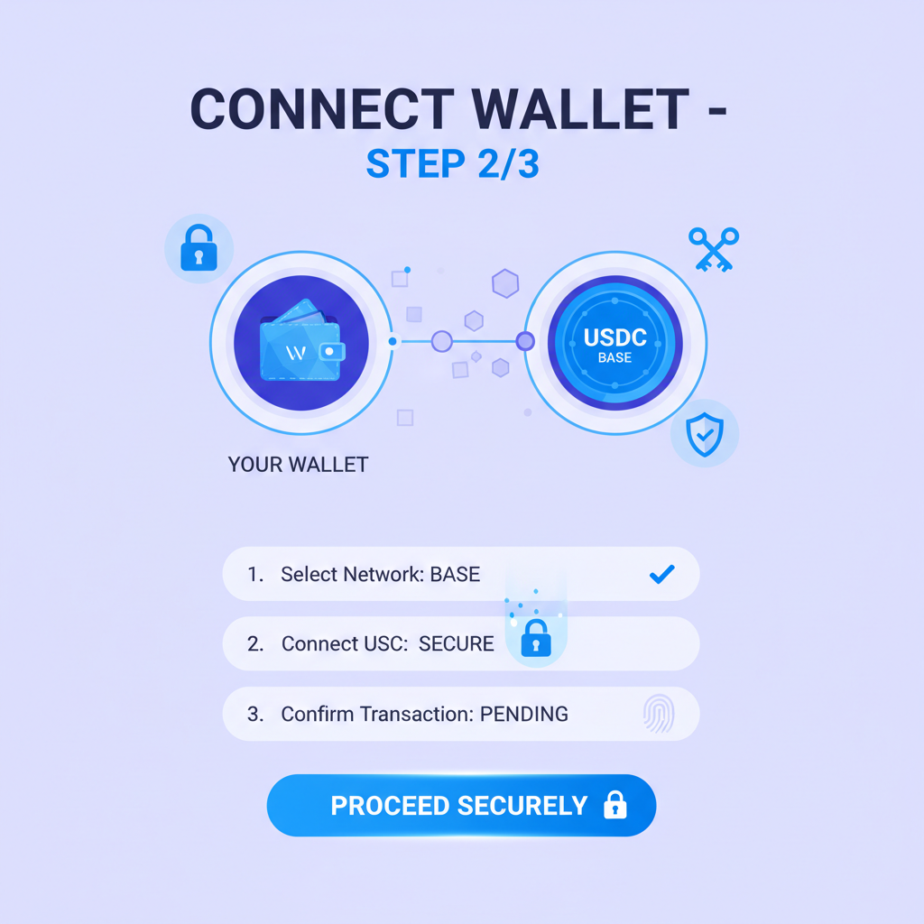digital wallet integration screen connecting USDC on Base network, secure icons locks keys, futuristic interface