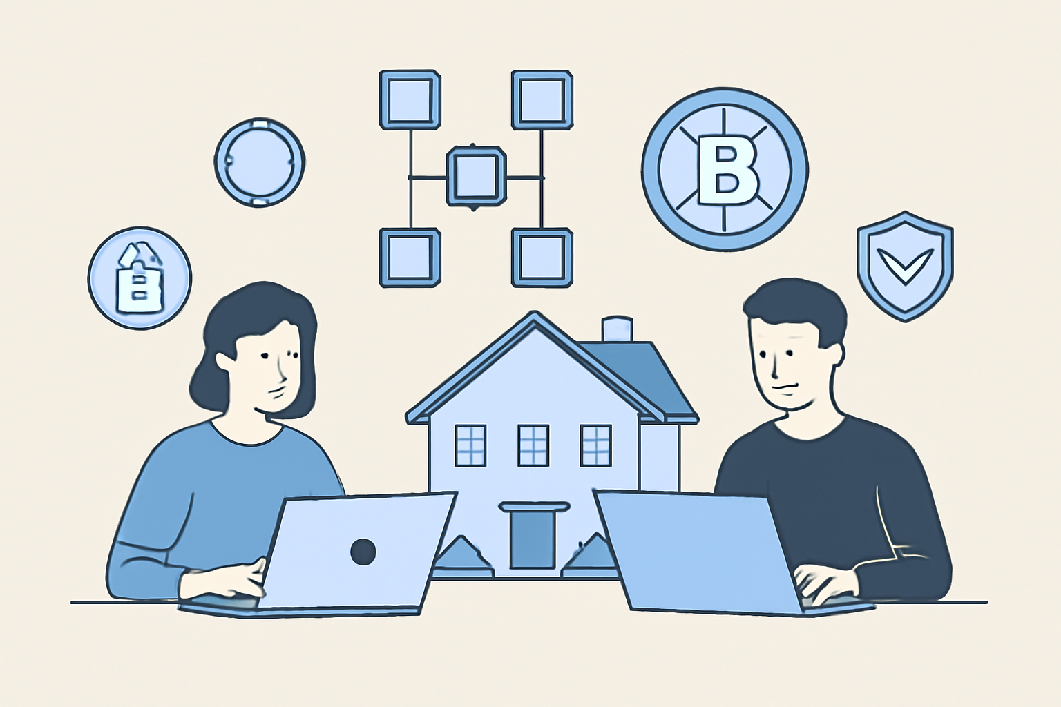 Developers working on laptops, blockchain diagrams, and digital tokens floating above a property image, with security icons.