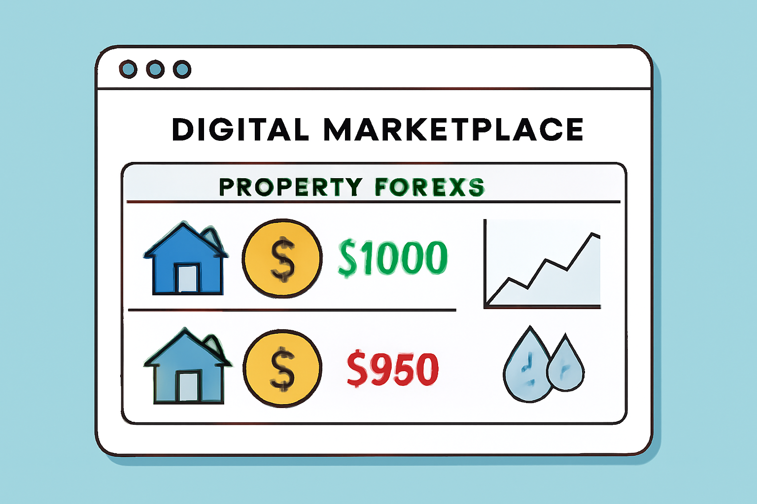 A digital marketplace screen displaying property tokens being traded, with charts and liquidity icons.