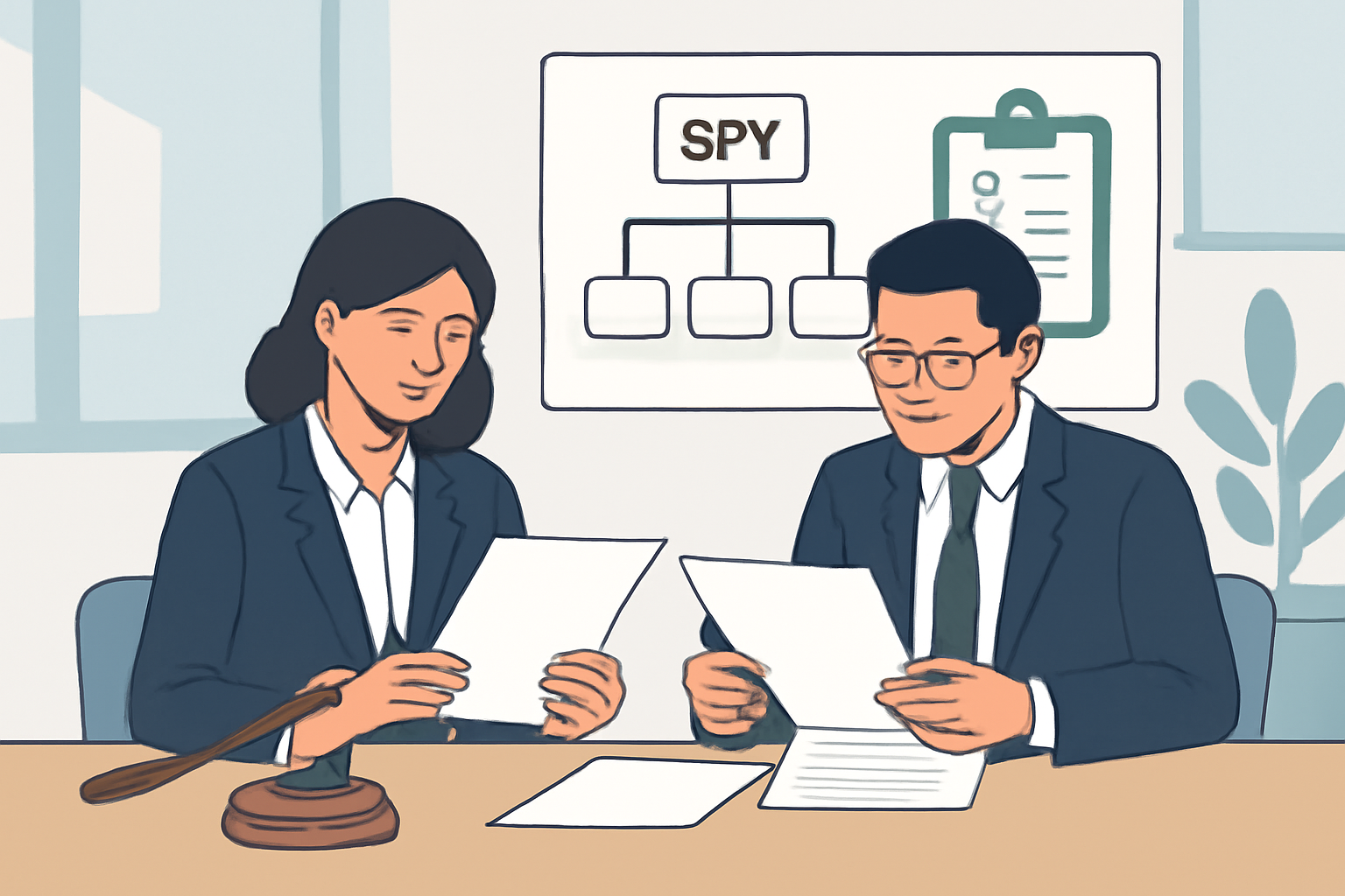 Lawyers reviewing documents with a gavel, SPV diagram, and compliance checkmarks, in a modern office setting.