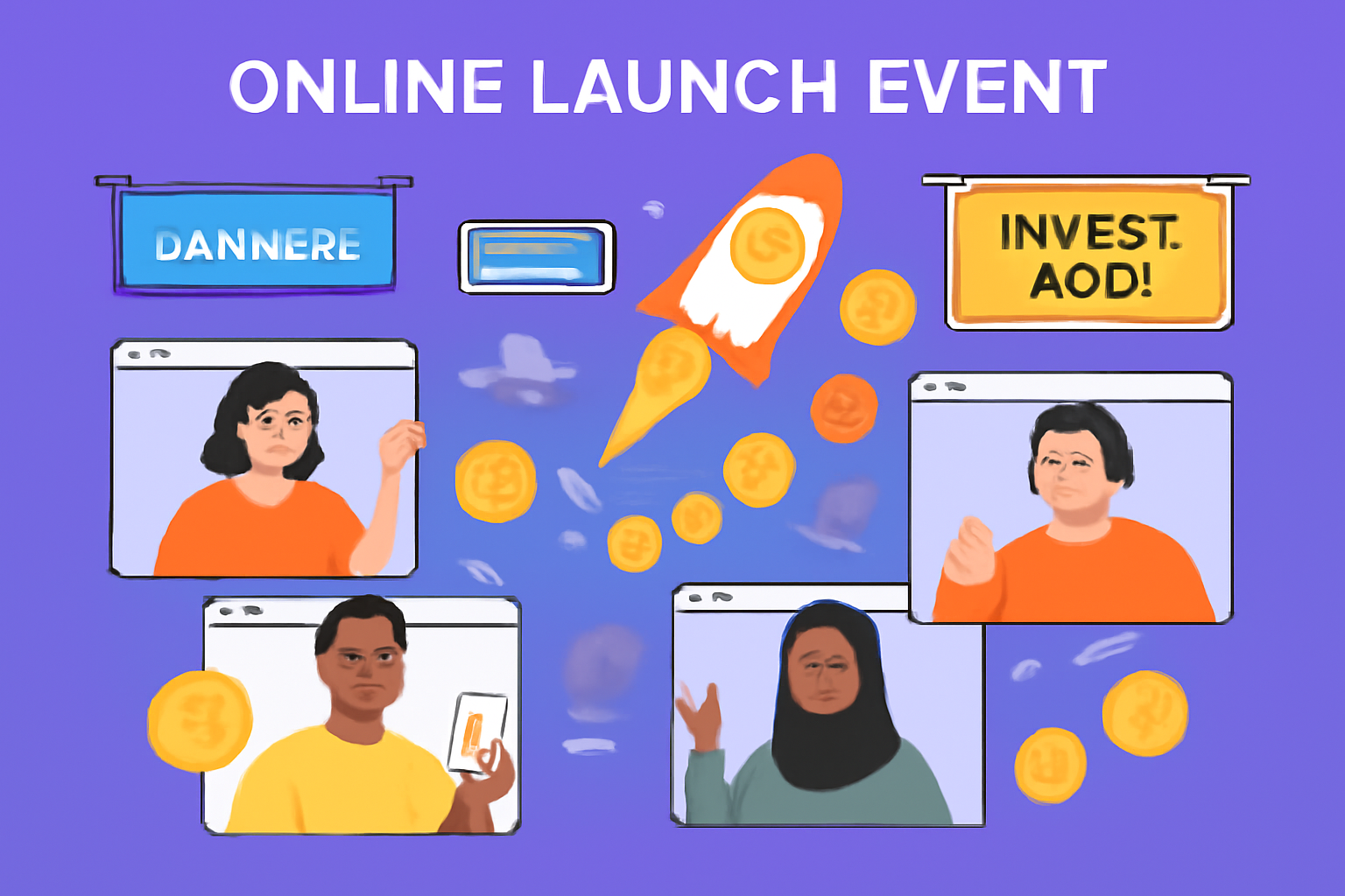 A vibrant online launch event, with banners, digital tokens, and diverse investors connecting from around the world.